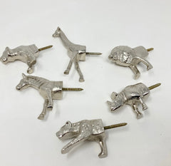 HOOKS Safari Silver Animal Iron Metal Wall Hooks. SET of 6 or Individual Hooks, Unique Animal-Inspired Design for Walls and Doors