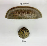 Antique Brass Hammered Knob & Cup Handle. Vintage Cabinet & Drawer Hardware