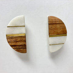 Half Moon Marble & Wood Knob with Brass Strips | Artistic Cabinet Knob and Furniture Hardware | Handles Rustic Cabinet Door
