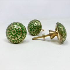 Moroccan Green & Gold Round Drawer Knob Cupboard Pull Drawer Brass Etched Drawer Knob Brass Bohemian Drawer Knob