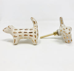 Gold & White Handmade Spotted Dog Knob made from Ceramic - Handle Kitchen Cupboard Home
