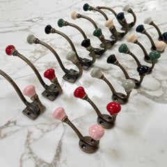 Antique Brass Ceramic Knob Hooks in Large & Small