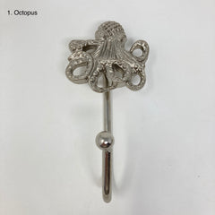 Silver Sea-life Marine Nautical Hooks Tie-Back Towel Hook Iron for Home, Bathroom Bedroom Office, & Garden Décor