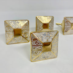 Square Moroccan Design Brass Knob. Elegant White & Gold Accent, Perfect for Cabinets, Drawers, & Furniture