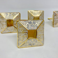 Square Moroccan Design Brass Knob. Elegant White & Gold Accent, Perfect for Cabinets, Drawers, & Furniture