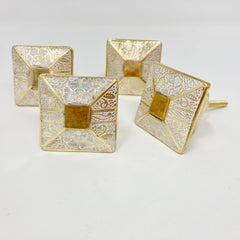 Square Moroccan Design Brass Knob. Elegant White & Gold Accent, Perfect for Cabinets, Drawers, & Furniture