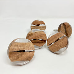 Round Clear Resin & Wood Knob. Modern, Chic Design Combining Clear Resin & Natural Wood for Cabinets, Drawers, & Furniture