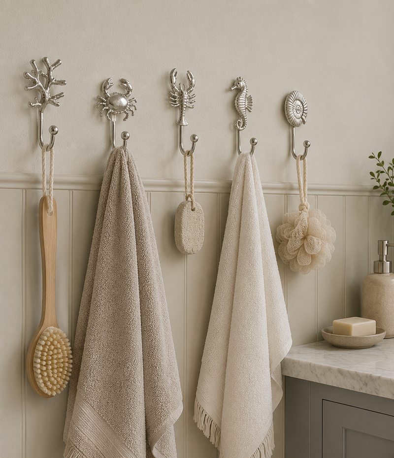 A styled bathroom scene showing silver decorative wall hooks with coral, crab, seahorse, and shell motifs. Two beige towels hang from the hooks, along with a wooden scrub brush and a beige loofah.