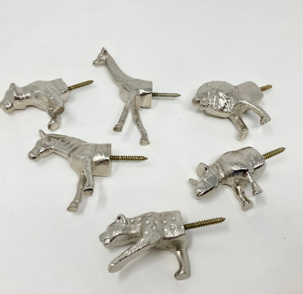 Safari Silver Animal Iron Metal Wall Hooks SET of 6 or Individual knobs or hooks