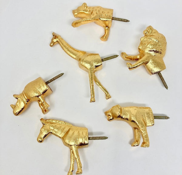 Gold Safari Animal Iron Metal Drawer Knobs Set of 6 or Individual - Dresser Cabinet Chest of Drawers