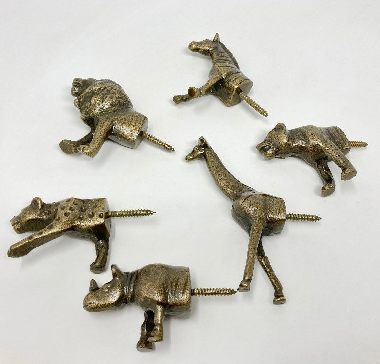 Safari Antique Brass Animal Iron Metal Drawer Knobs SET of 6 or Individual knobs or hooks