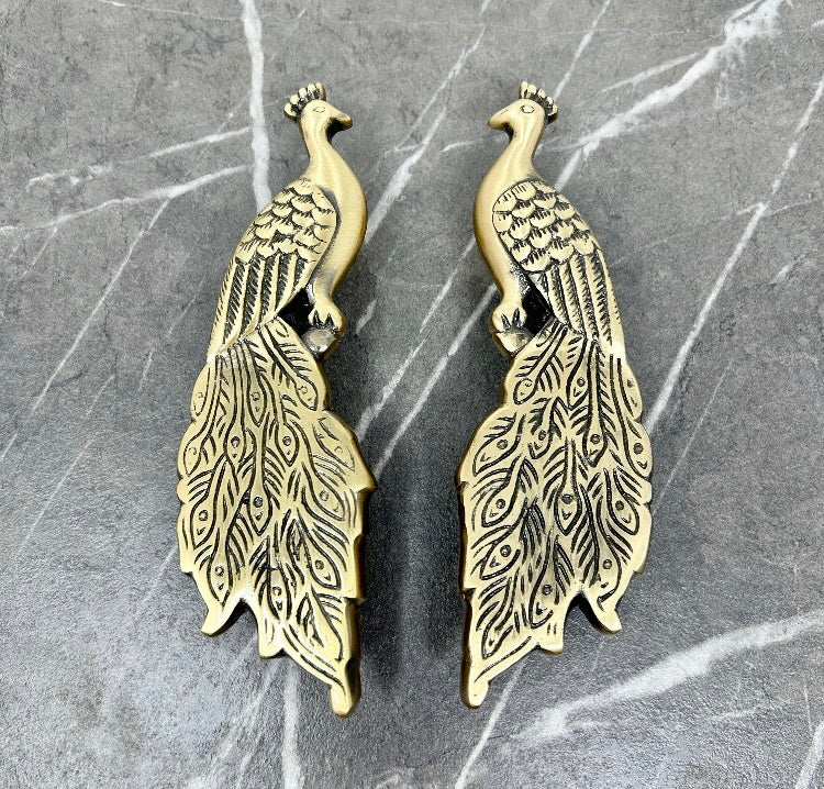 Solid Brass Vintage Antique Pair Peacock Long Handles