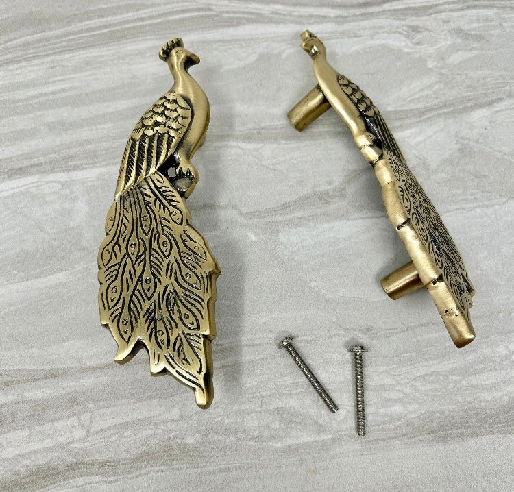 Solid Brass Vintage Antique Pair Peacock Long Handles