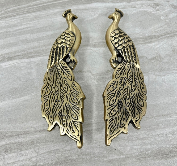 Solid Brass Vintage Antique Pair Peacock Long Handles