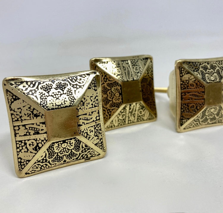 Brass Moroccan Black Gold Square Drawer Knob Cupboard Pull Drawer Brass Etched Drawer Knob Brass Bohemian Drawer Knob