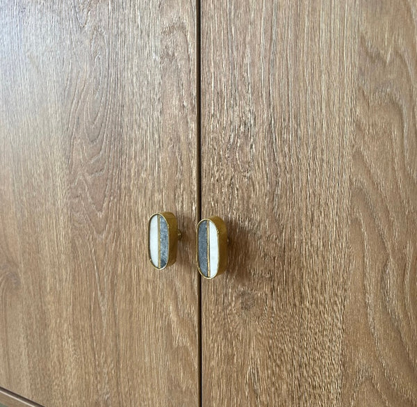 Oval White & Grey Marble Stone Knob in brass - Drawer Pulls, Drawer Knobs, Cabinet Knobs and Pulls, Unique, Decorative, Pull Knob