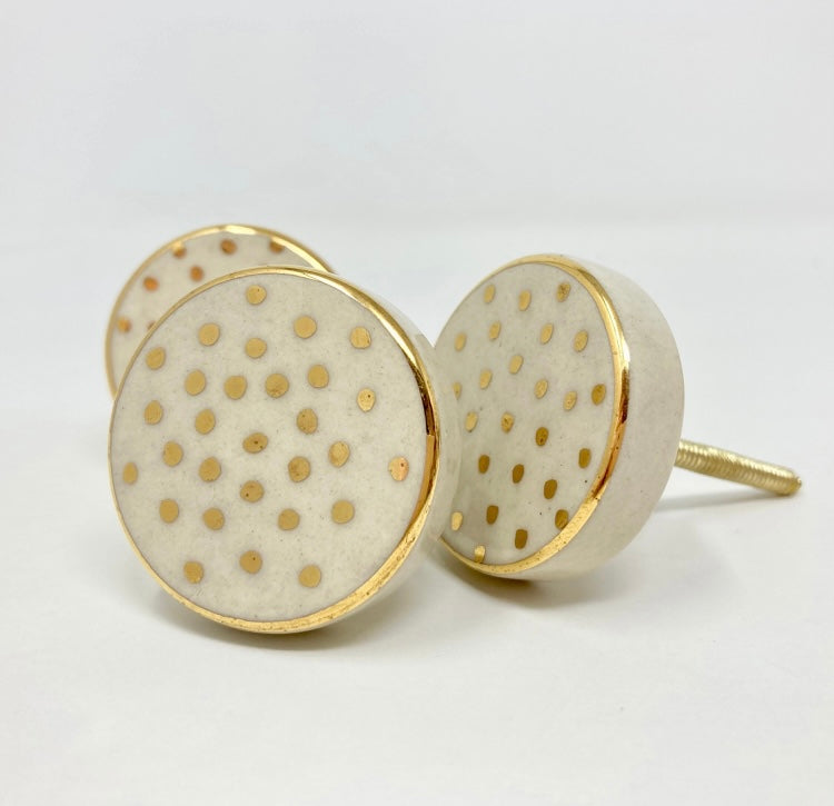 Gold Spot & White Hand Painted Handmade Ceramic Knob, Drawer Knobs Cabinet Knobs and Pulls