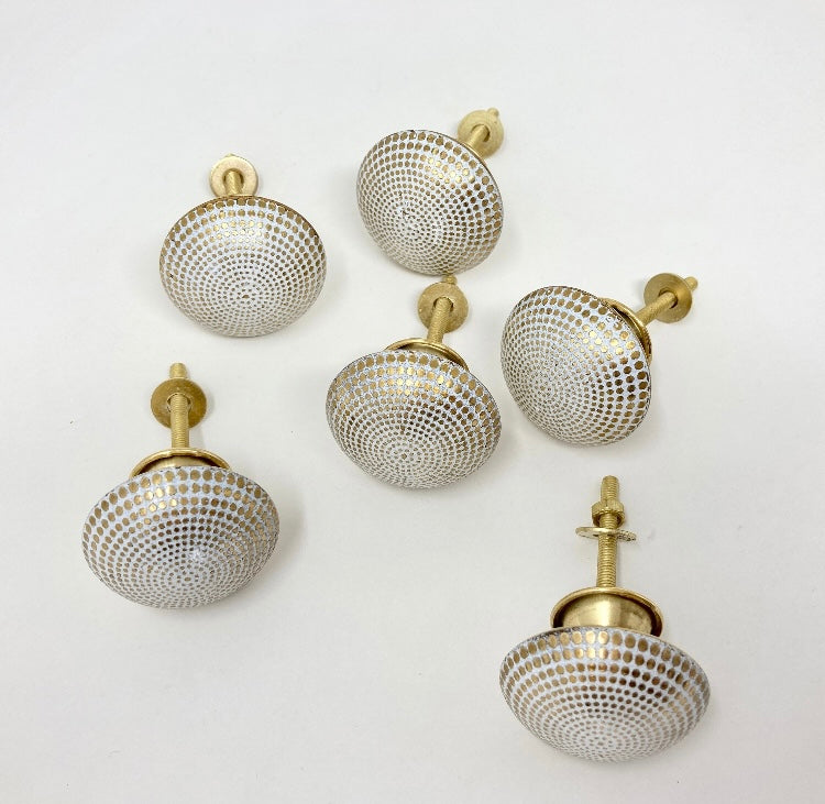 Moroccan Gold & White Round Drawer Knob Cupboard Pull Drawer Brass Etched Drawer Knob Brass Bohemian Drawer Knob