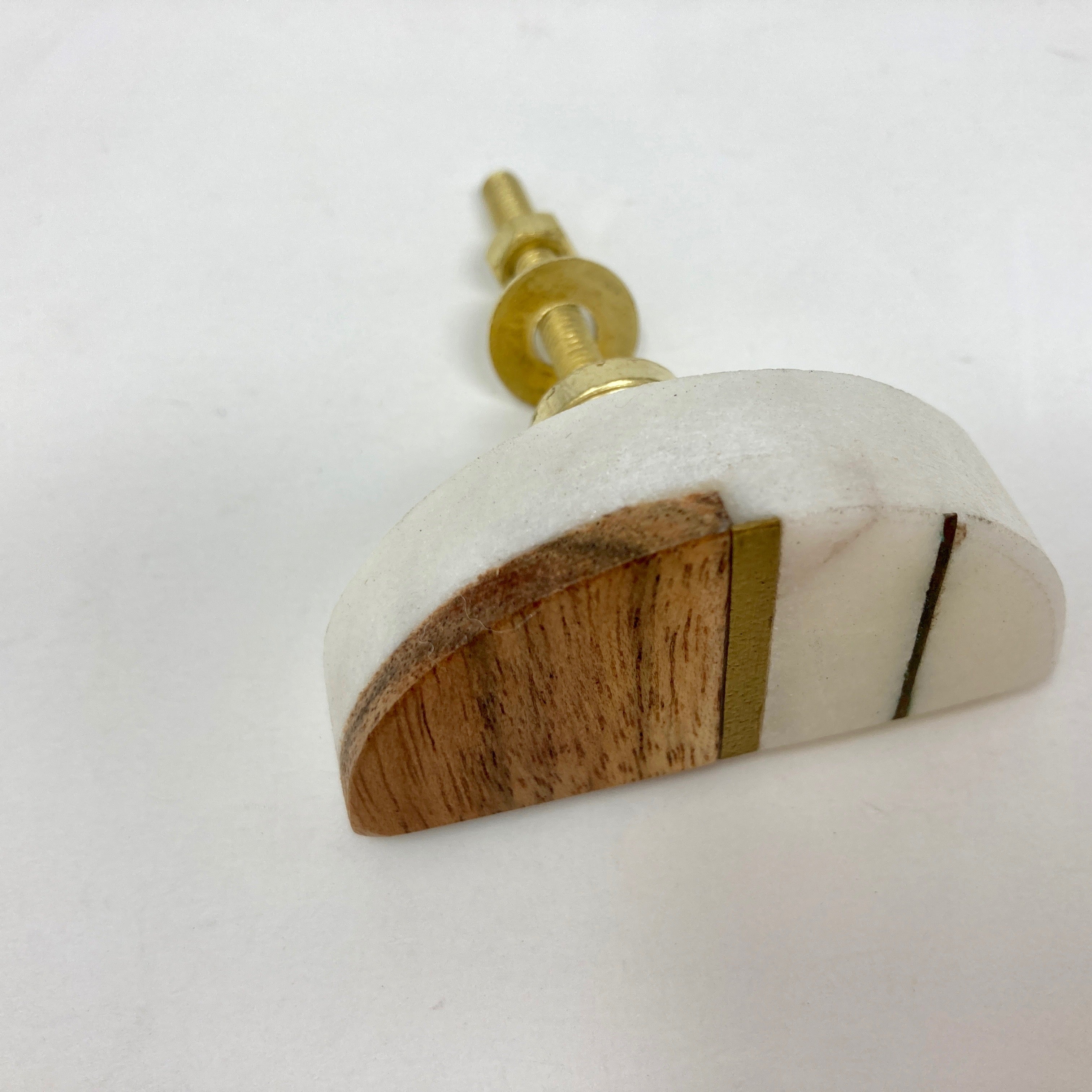 Half Moon and Round Marble & Wood Knob with Brass Strips. Artistic Cabinet Knob and Furniture Hardware, Handles Rustic Cabinet Door Handle