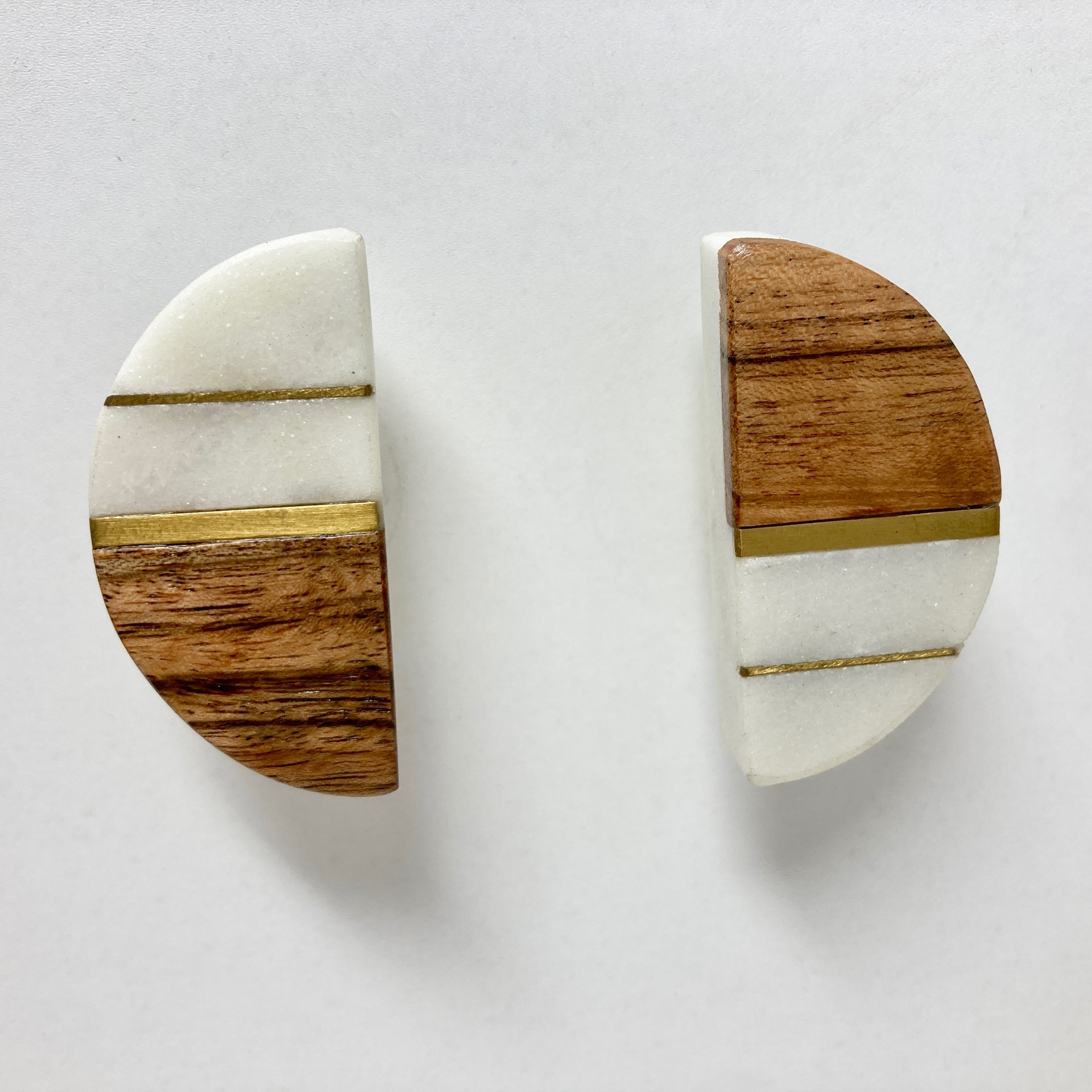 Half Moon and Round Marble & Wood Knob with Brass Strips. Artistic Cabinet Knob and Furniture Hardware, Handles Rustic Cabinet Door Handle