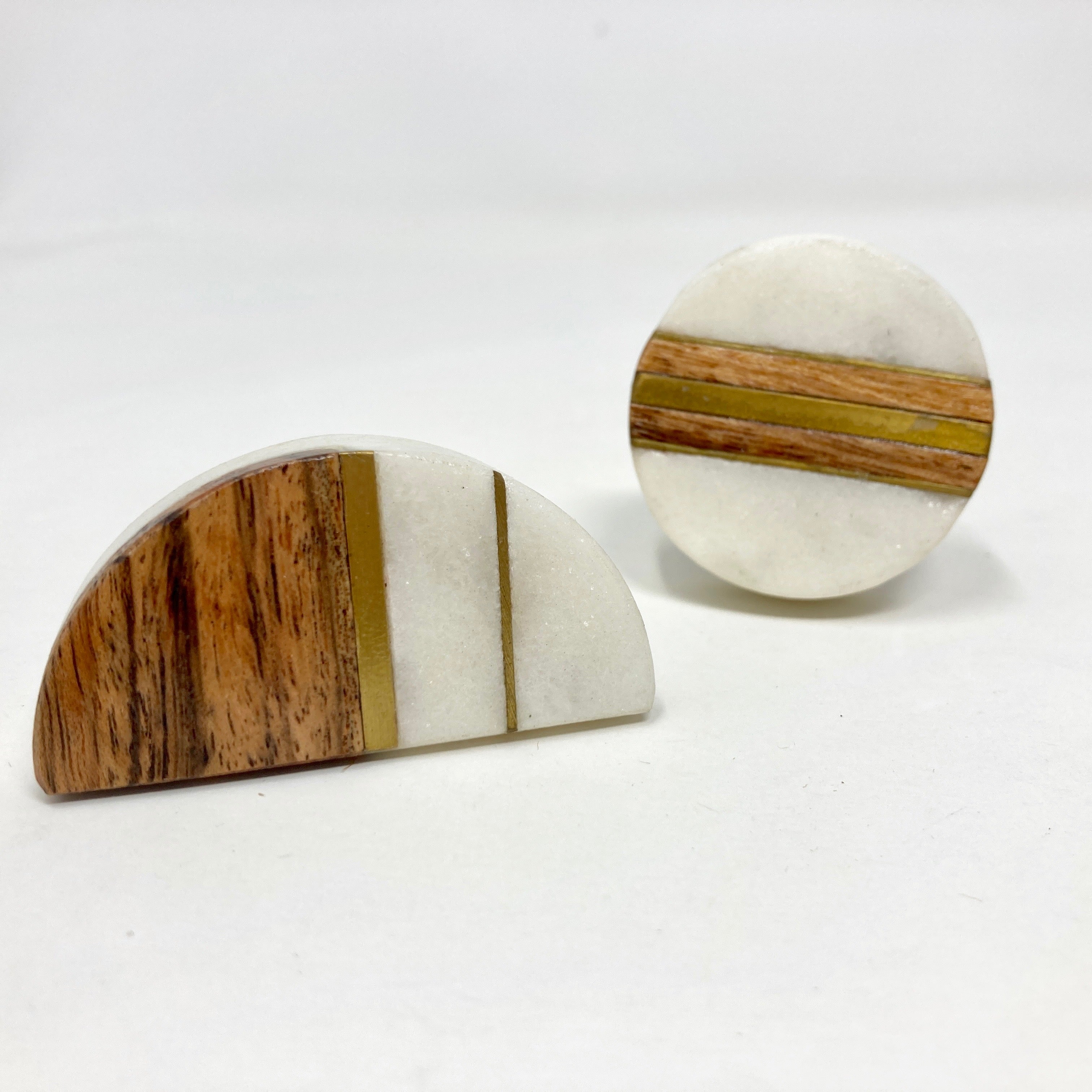 Half Moon and Round Marble & Wood Knob with Brass Strips. Artistic Cabinet Knob and Furniture Hardware, Handles Rustic Cabinet Door Handle