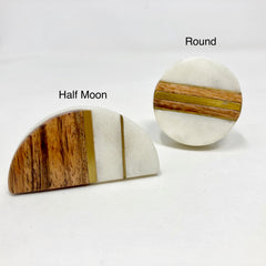 Half Moon and Round Marble & Wood Knob with Brass Strips. Artistic Cabinet Knob and Furniture Hardware, Handles Rustic Cabinet Door Handle