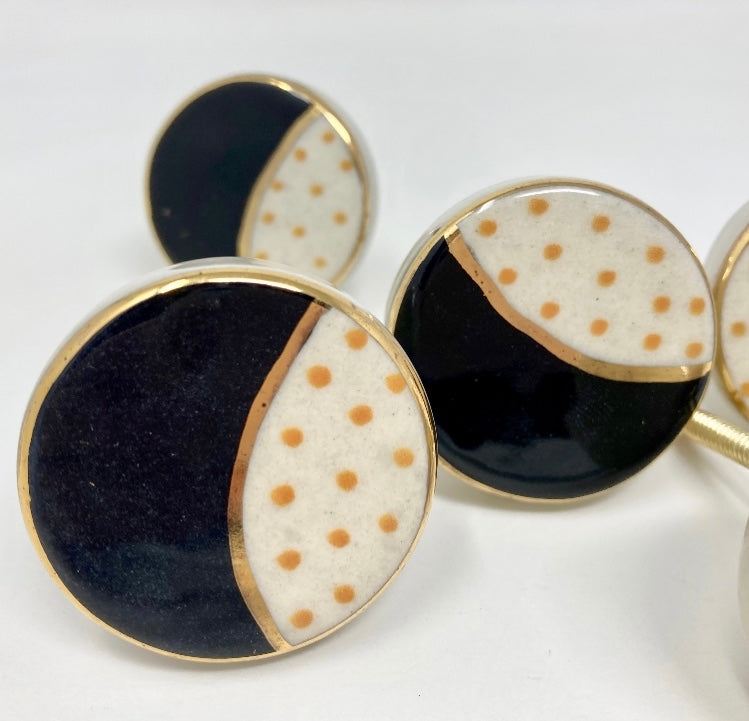 Hand Painted Hand-made Black Ceramic Knob with Gold Feature and Yellow/Mustard Spots, Drawer Knobs Cabinet Knobs and Pulls