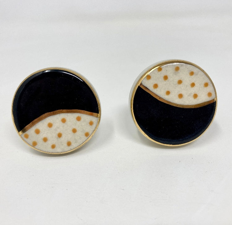 Hand Painted Hand-made Black Ceramic Knob with Gold Feature and Yellow/Mustard Spots, Drawer Knobs Cabinet Knobs and Pulls