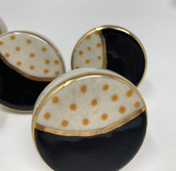 Hand Painted Hand-made Black Ceramic Knob with Gold Feature and Yellow/Mustard Spots, Drawer Knobs Cabinet Knobs and Pulls