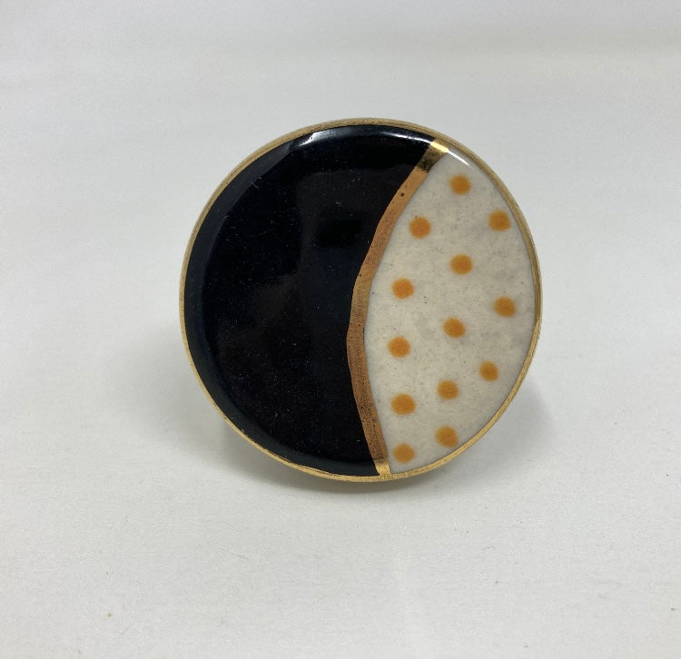 Hand Painted Hand-made Black Ceramic Knob with Gold Feature and Yellow/Mustard Spots, Drawer Knobs Cabinet Knobs and Pulls