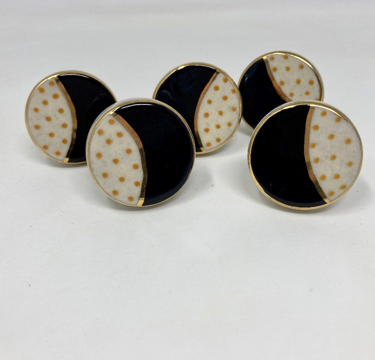 Hand Painted Hand-made Black Ceramic Knob with Gold Feature and Yellow/Mustard Spots, Drawer Knobs Cabinet Knobs and Pulls