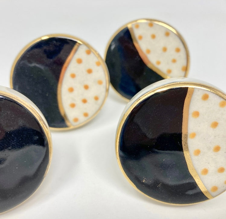 Hand Painted Hand-made Black Ceramic Knob with Gold Feature and Yellow/Mustard Spots, Drawer Knobs Cabinet Knobs and Pulls