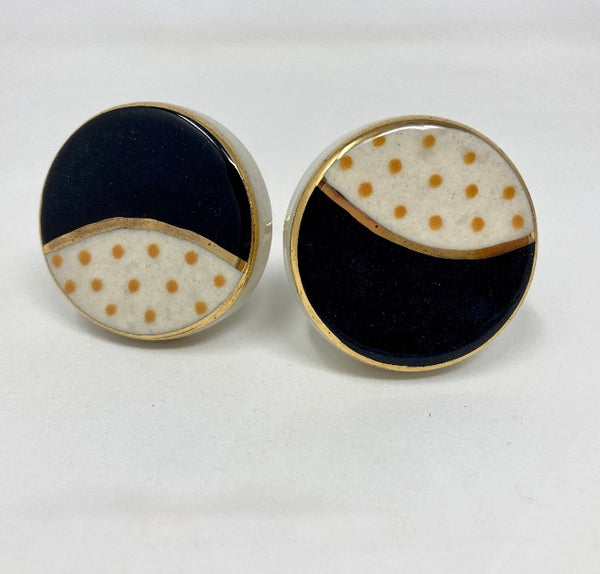 Hand Painted Hand-made Black Ceramic Knob with Gold Feature and Yellow/Mustard Spots, Drawer Knobs Cabinet Knobs and Pulls