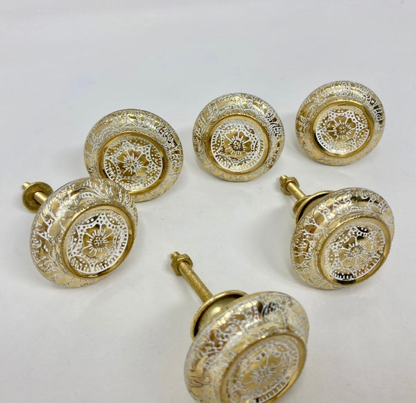 Moroccan Gold & White Round Drawer Knob Cupboard Pull Drawer Brass Etched Drawer Knob Brass Bohemian Drawer Knob