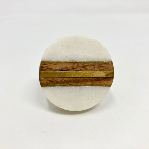 Half Moon and Round Marble & Wood Knob with Brass Strips. Artistic Cabinet Knob and Furniture Hardware, Handles Rustic Cabinet Door Handle