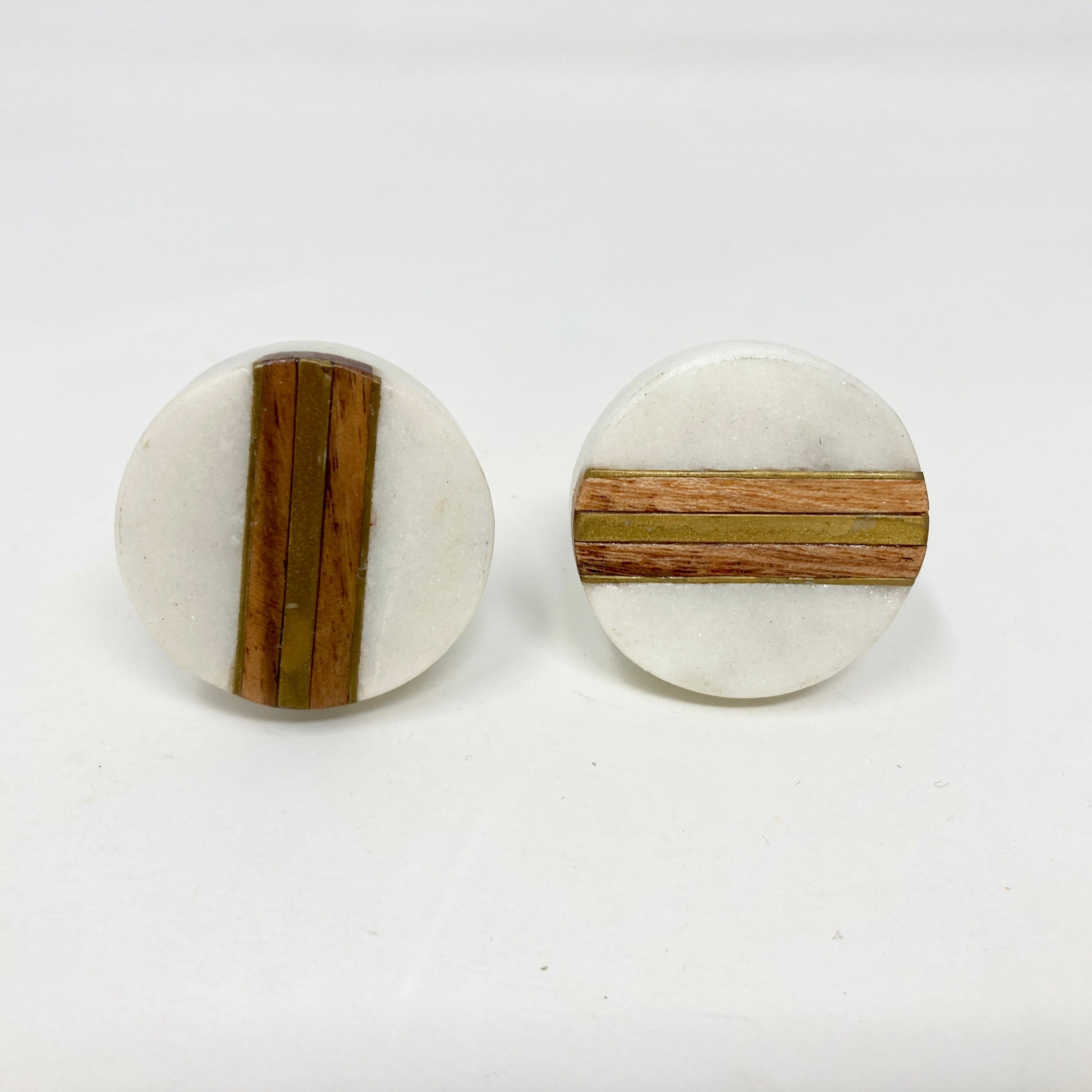 Half Moon and Round Marble & Wood Knob with Brass Strips. Artistic Cabinet Knob and Furniture Hardware, Handles Rustic Cabinet Door Handle