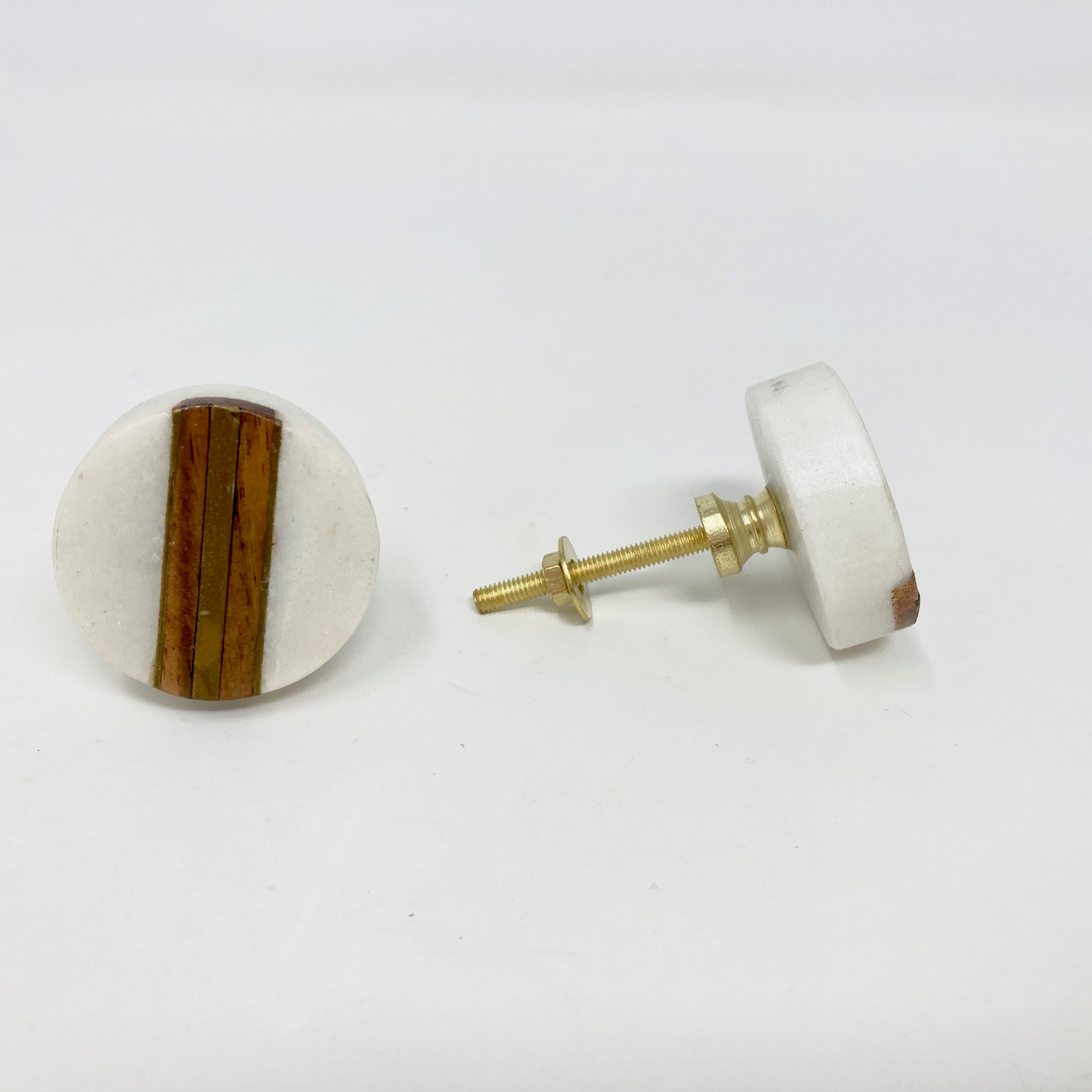 Half Moon and Round Marble & Wood Knob with Brass Strips. Artistic Cabinet Knob and Furniture Hardware, Handles Rustic Cabinet Door Handle