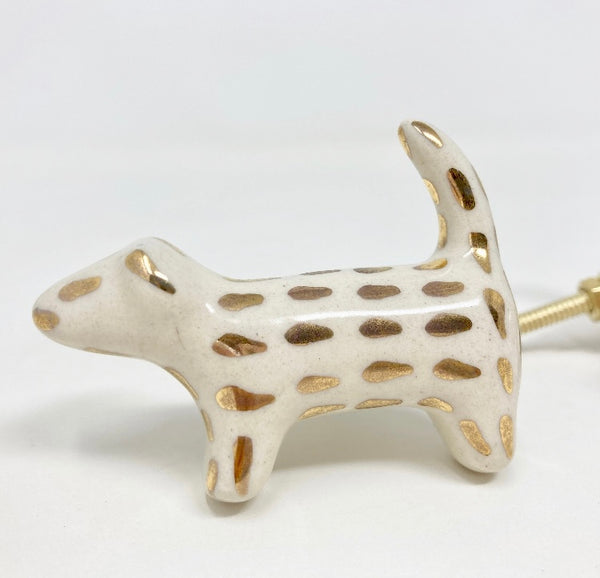 Gold & White Handmade Spotted Dog Knob made from Ceramic - Handle Kitchen Cupboard Home