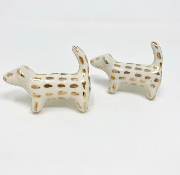 Gold & White Handmade Spotted Dog Knob made from Ceramic - Handle Kitchen Cupboard Home