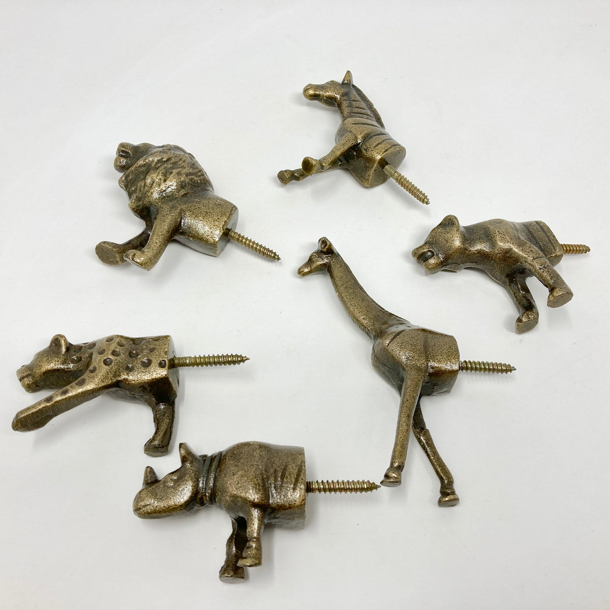 HOOKS Safari Antique Brass Animal Iron Metal Drawer Knobs SET of 6 or Individual knobs