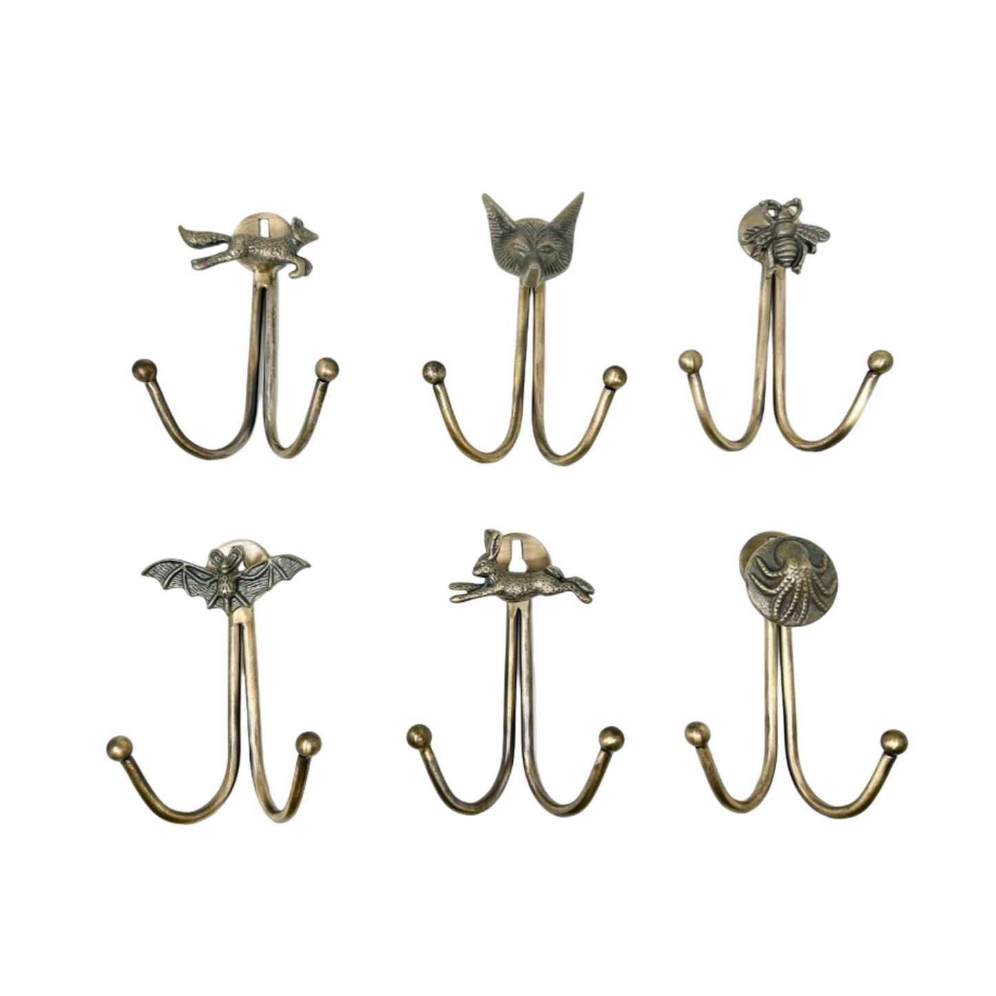 Double Antique Brass Animal Wall Hooks