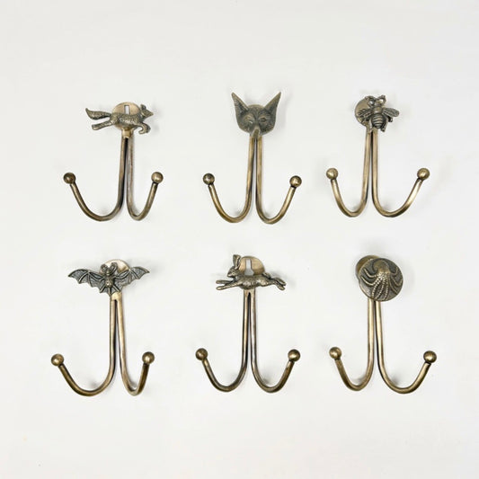 Double Antique Brass Animal Wall Hooks
