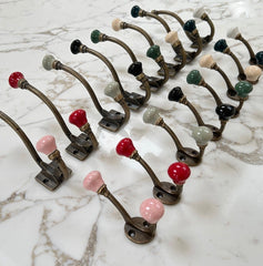 Antique Brass Ceramic Knob Hooks in Large & Small