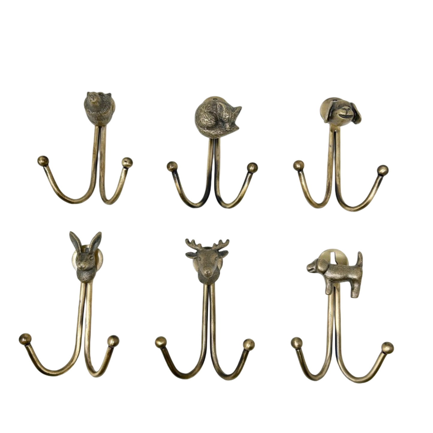 Double Antique Brass Animal Wall Hooks