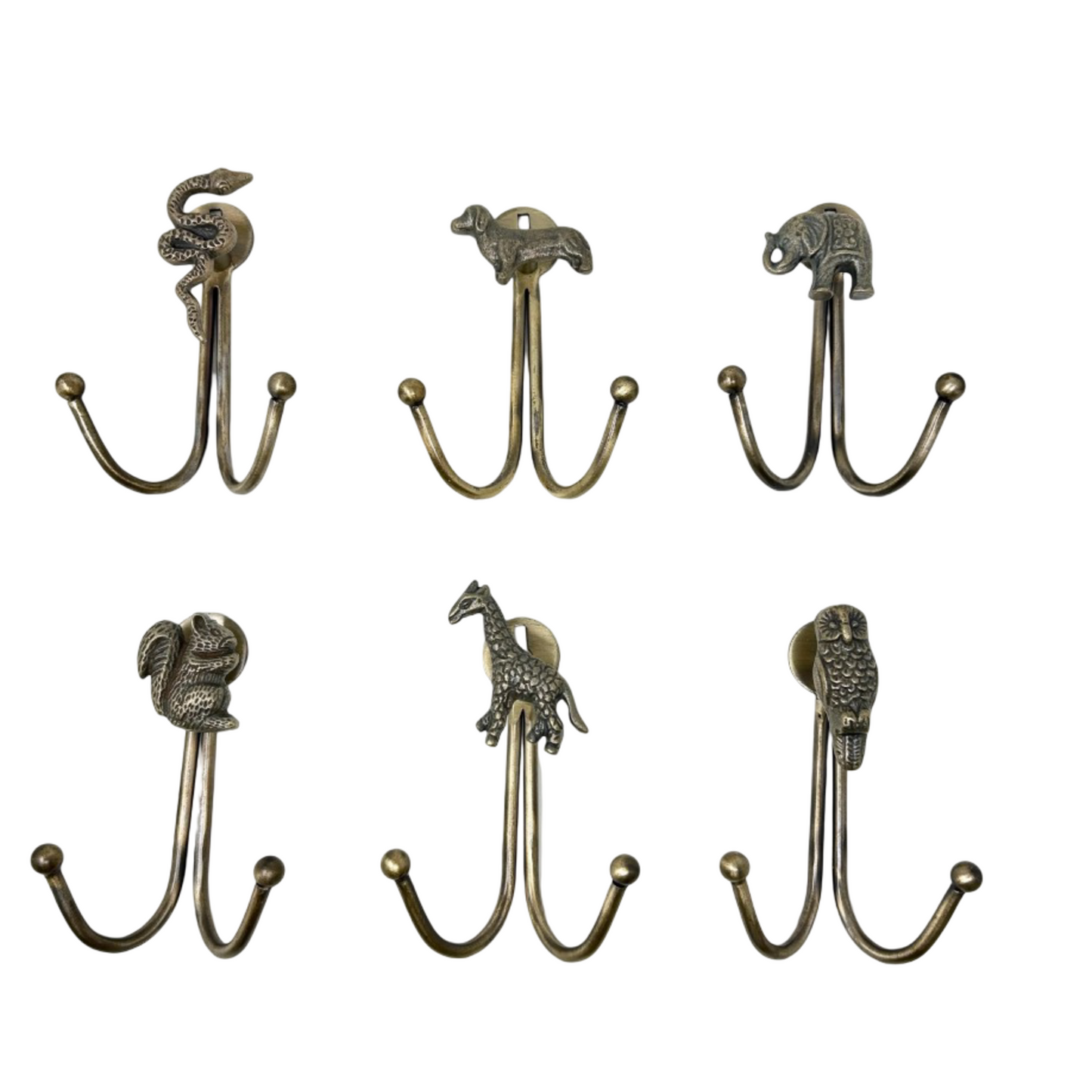 Double Antique Brass Animal Wall Hooks