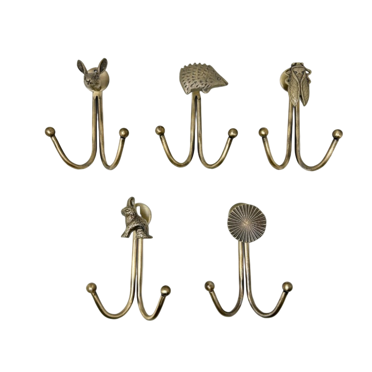 Double Antique Brass Animal Wall Hooks