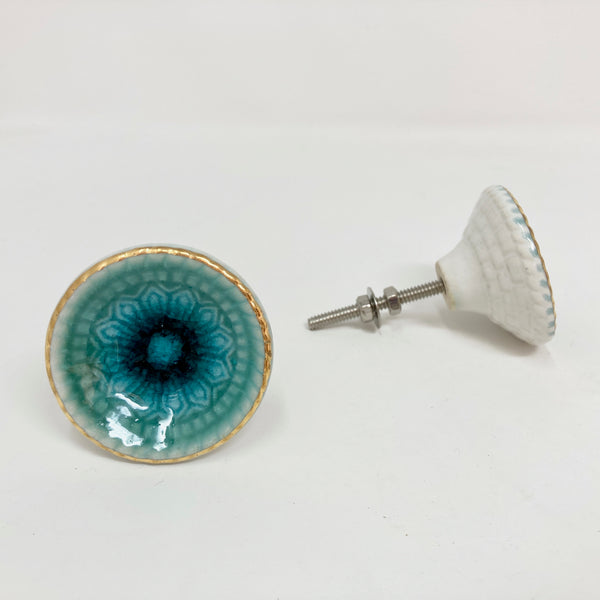Turquoise & Gold Italian Style Ceramic Door Knob with Gold Frame