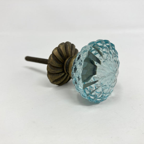Vintage Victorian Style Glass Knob in Blue with Antique Brass Collar