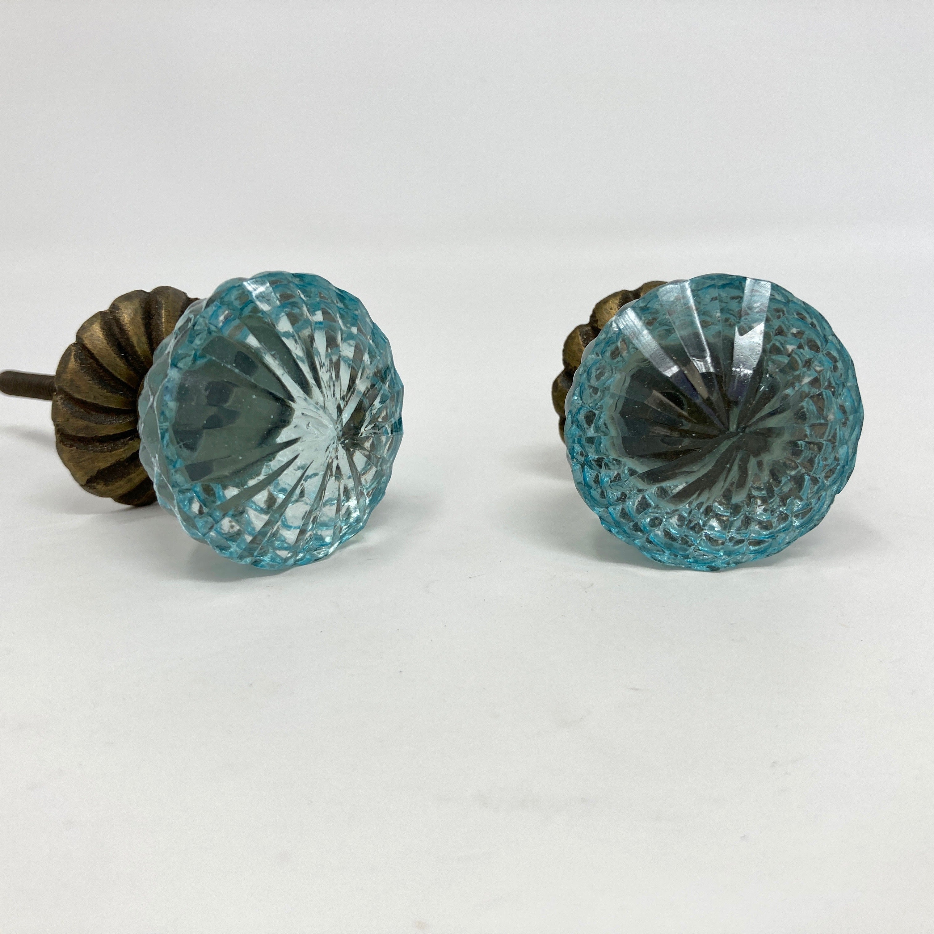 Vintage Victorian Style Glass Knob in Blue with Antique Brass Collar