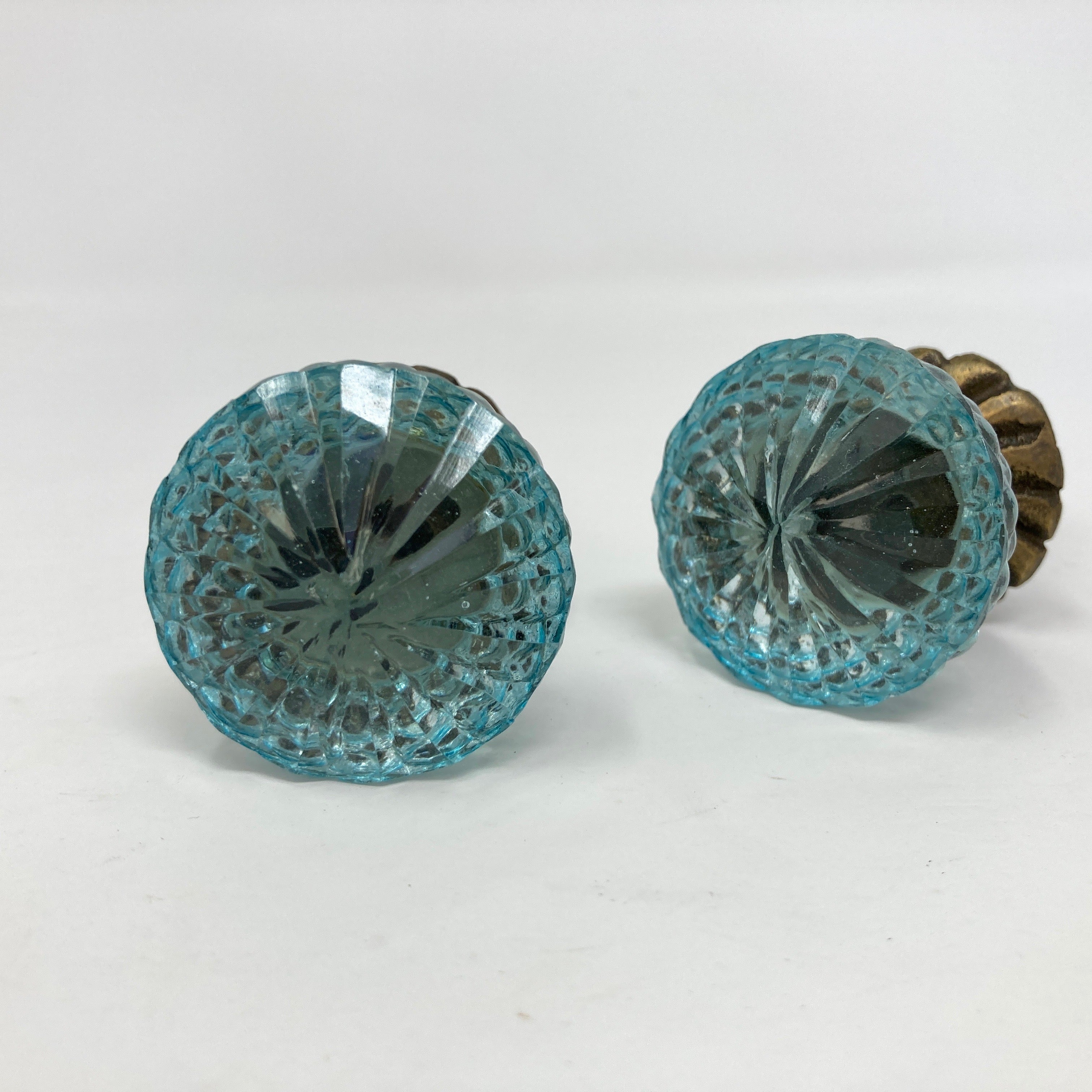 Vintage Victorian Style Glass Knob in Blue with Antique Brass Collar